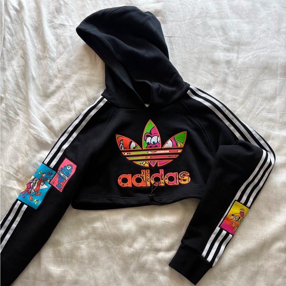 Adidas x Jeremy Scott Cropped Black Hoodie with Vibrant Graphic Accents